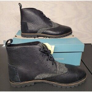 Toms Men's SZ 14 Brogue Leather Ankle Boots Vibram Soles Lace Up Black Ankle